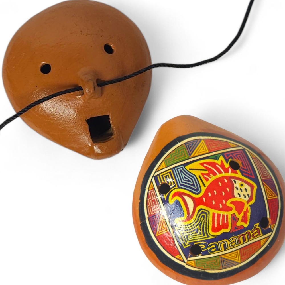 Panama Clay Ocarina Whistle Handmade Folk Art Pottery Fish Pendant Flute 6-Hole
